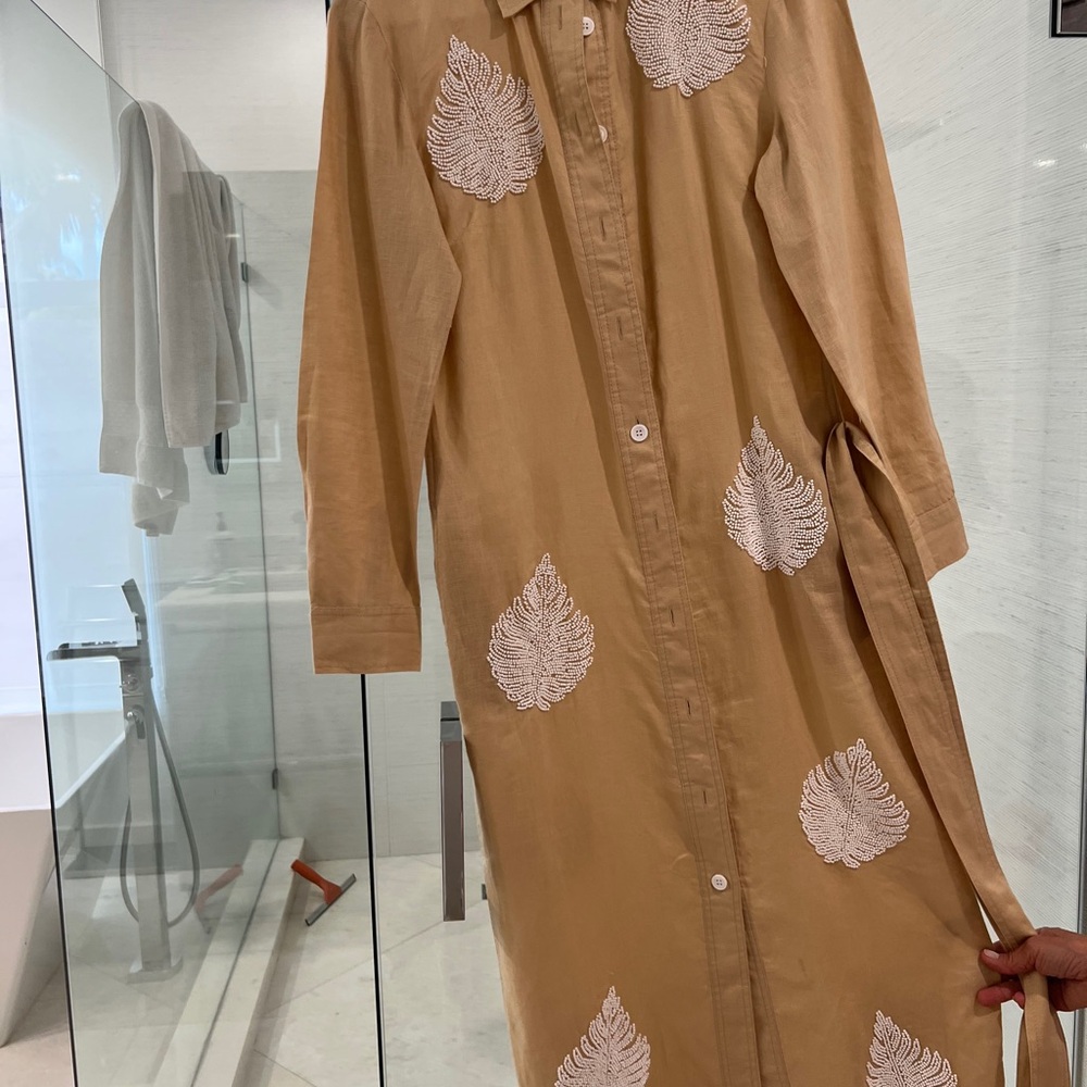 Elegant Tan Shirt Dress with Leaf Embroidery